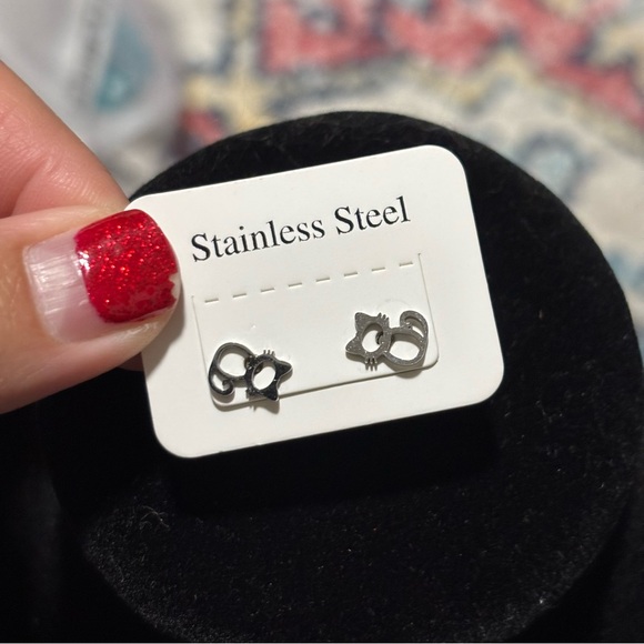 Curly Tail Cat Earrings - Stainless Steel, Stud-Style Earrings, Kitty Cat Steel - Picture 5 of 6